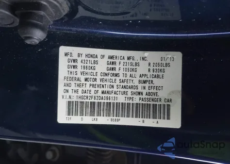2013 Honda Accord Ex-L z USA, uszkodzony, nr VIN 1HGCR2F82DA096131